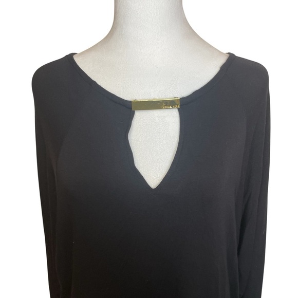 Michael Kors Black Tunic Top Gold Bar Logo Keyhole Medium Lightweight Office - Picture 2 of 11